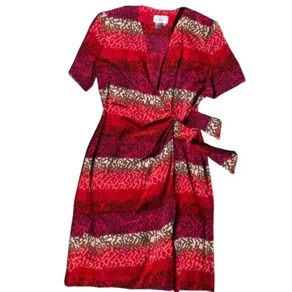 Adrianna Papell Silk Wrap Dress – Size 12 | Pink Colorful Animal Print | Party